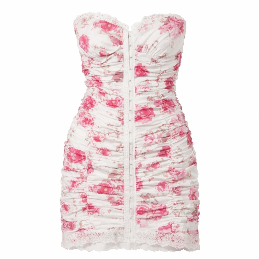 For Love Bell Floral Ruched Mini Dress Lace Cottagecore Romantic Strapless M